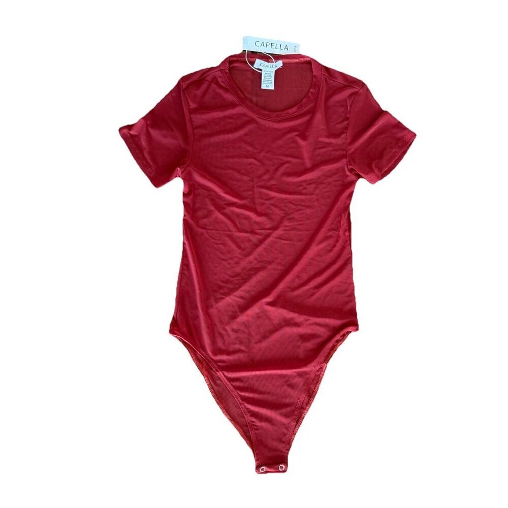 Capella USA Bodysuit Sheer Mesh Medium Red Short Sleeve Sexy Coquette‎